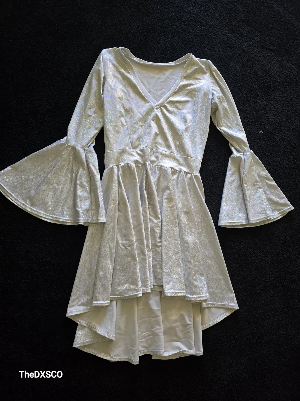 Iheartraves Ivory Iridescent Holographic High-Low Bell Sleeve Dress - Picture 1 of 4